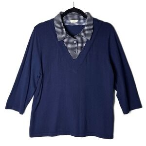 Brina & Em Sweater Sz  L Navy Layered Look 3/4 Sleeve Career Casual Preppy READ